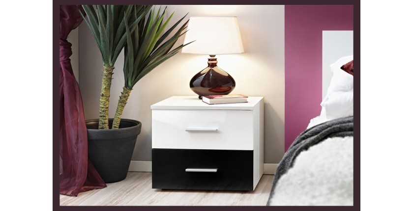Table de chevet deux tiroirs, collection BALOS. Coloris blanc brillant et noir brillant.