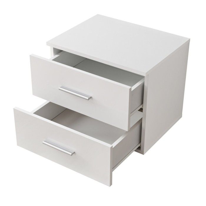 Table de chevet deux tiroirs, collection BALOS. Coloris chêne et blanc brillant.
