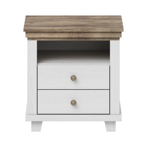 Table de chevet deux tiroirs et une niche, Coloris blanc et chêne. Collection ASSIA