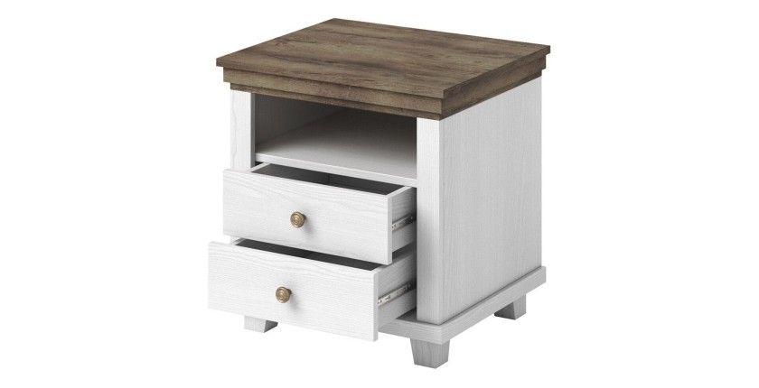 Table de chevet deux tiroirs et une niche, Coloris blanc et chêne. Collection ASSIA