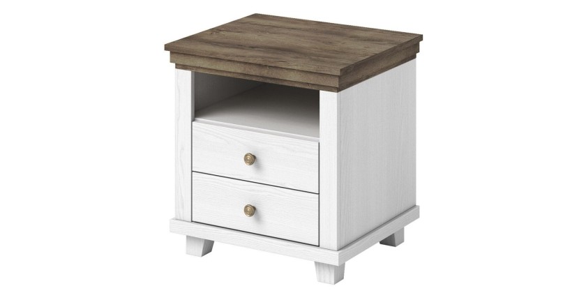 Table de chevet deux tiroirs et une niche, Coloris blanc et chêne. Collection ASSIA