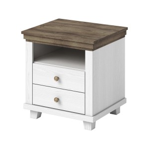 Table de chevet deux tiroirs et une niche, Coloris blanc et chêne. Collection ASSIA