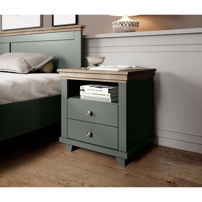 Table de chevet deux tiroirs et une niche, Coloris vert kaki et chêne. Collection ASSIA