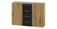 Commode 2 portes et 4 tiroirs 130cm. Collection IRINA imitation chêne clair et noir.