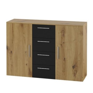 Commode 2 portes et 4 tiroirs 130cm. Collection IRINA imitation chêne clair et noir.