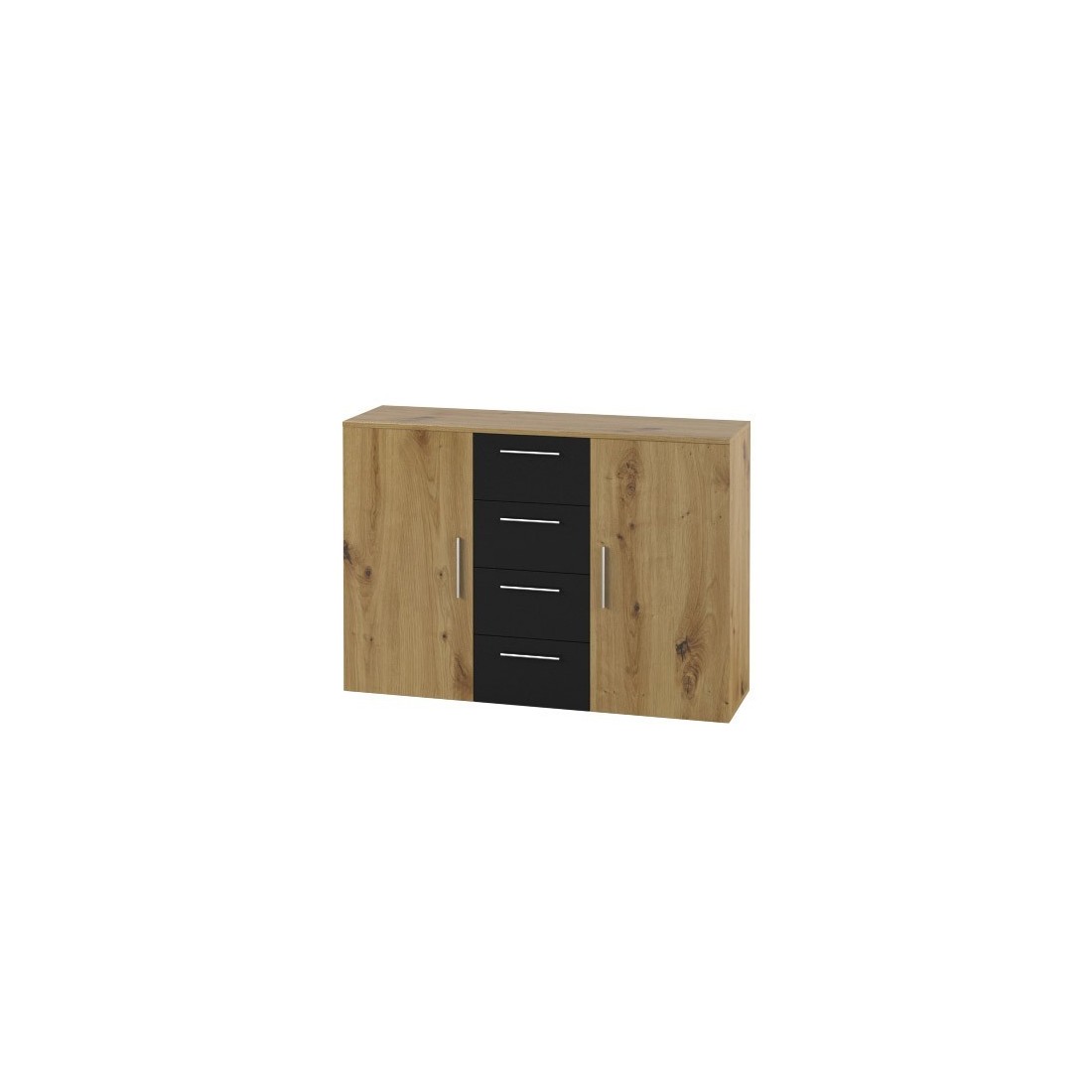 Commode 2 portes et 4 tiroirs 130cm. Collection IRINA imitation chêne clair et noir.