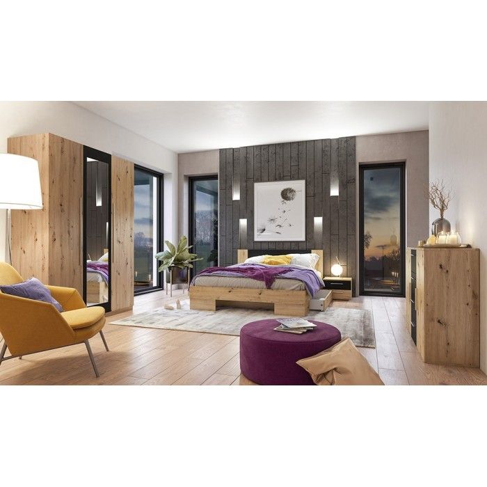 Commode 2 portes et 4 tiroirs 130cm. Collection IRINA imitation chêne clair et noir.