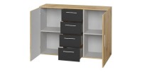 Commode 2 portes et 4 tiroirs 130cm. Collection IRINA imitation chêne clair et noir.