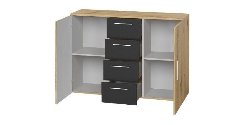 Commode 2 portes et 4 tiroirs 130cm. Collection IRINA imitation chêne clair et noir.