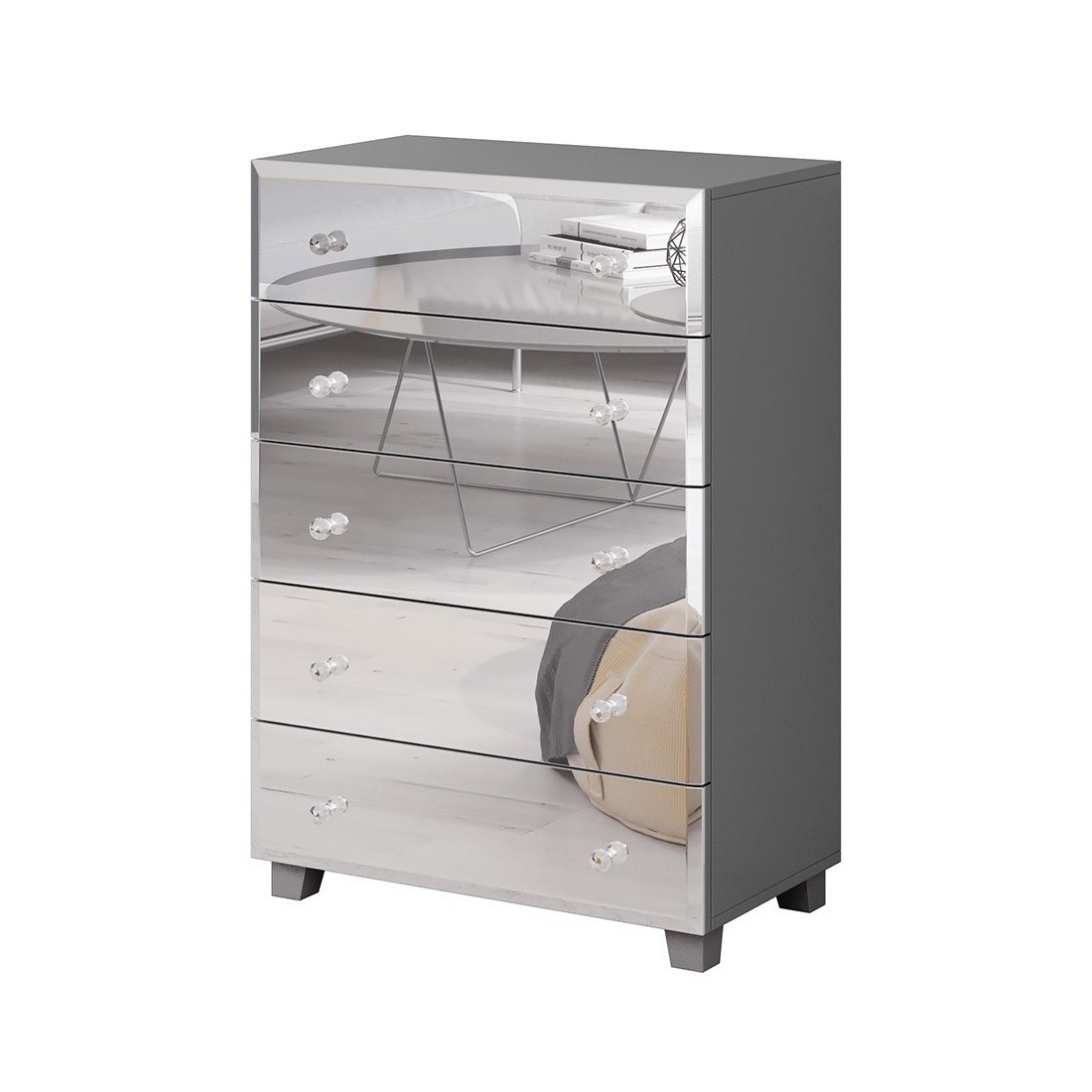 Commode 5 tiroirs avec corps gris et façades recouvertes de miroirs collection LUXOR.