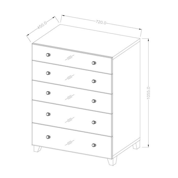 Commode 5 tiroirs avec corps gris et façades recouvertes de miroirs collection LUXOR.