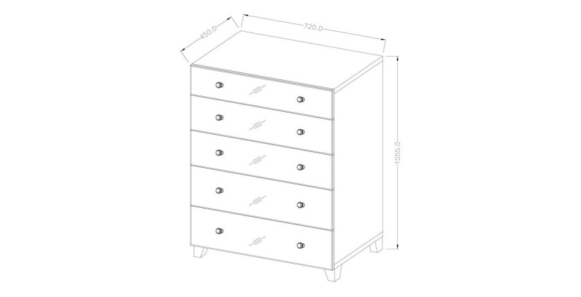 Commode 5 tiroirs avec corps gris et façades recouvertes de miroirs collection LUXOR.