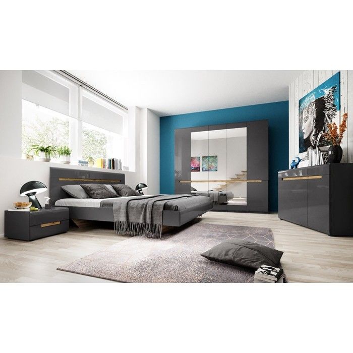 Commode design LUCIA, 3 portes et 3 tiroirs. Coloris gris brillant et chêne