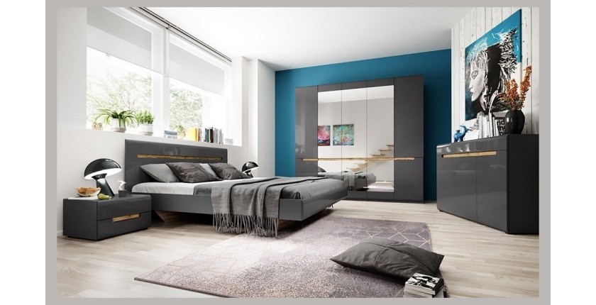 Commode design LUCIA, 3 portes et 3 tiroirs. Coloris gris brillant et chêne