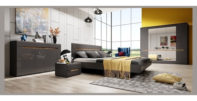 Commode design LUCIA, 3 portes et 3 tiroirs. Coloris gris brillant et chêne