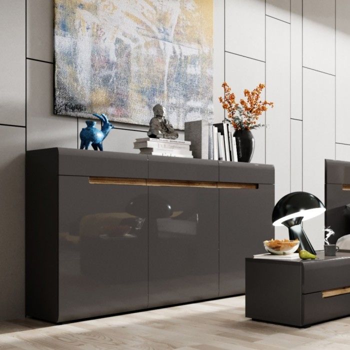 Commode design LUCIA, 3 portes et 3 tiroirs. Coloris gris brillant et chêne