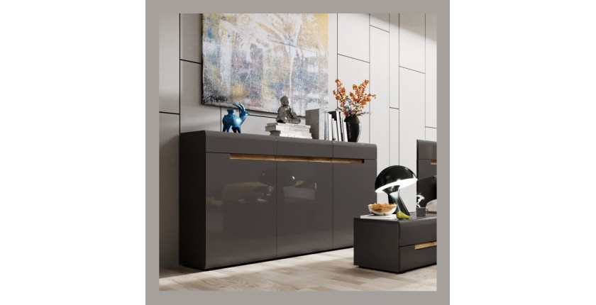 Commode design LUCIA, 3 portes et 3 tiroirs. Coloris gris brillant et chêne