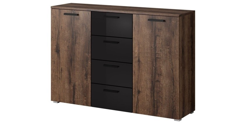 Commode design 2 portes et 4 tiroirs 130cm. Collection FLOYD coloris chêne foncé et noir brillant