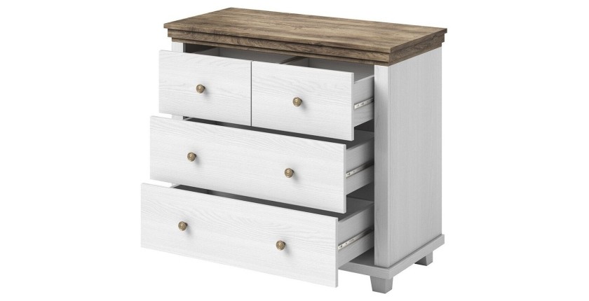 Commode design 4 tiroirs. Coloris blanc et chêne. Collection ASSIA
