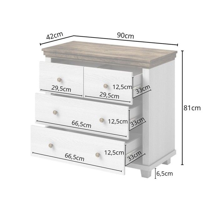 Commode design 4 tiroirs. Coloris blanc et chêne. Collection ASSIA