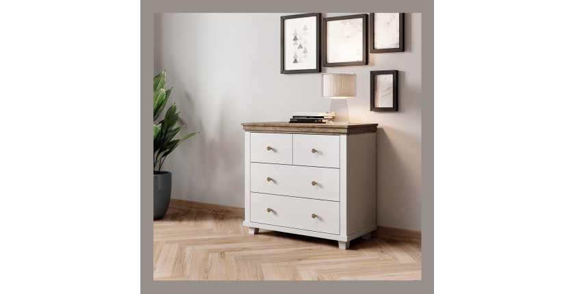 Commode design 4 tiroirs. Coloris blanc et chêne. Collection ASSIA