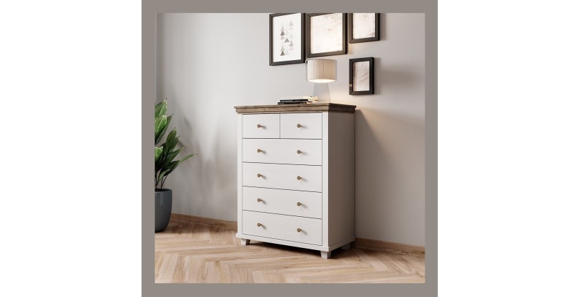 Commode XL design 6 tiroirs. Coloris blanc et chêne. Collection ASSIA