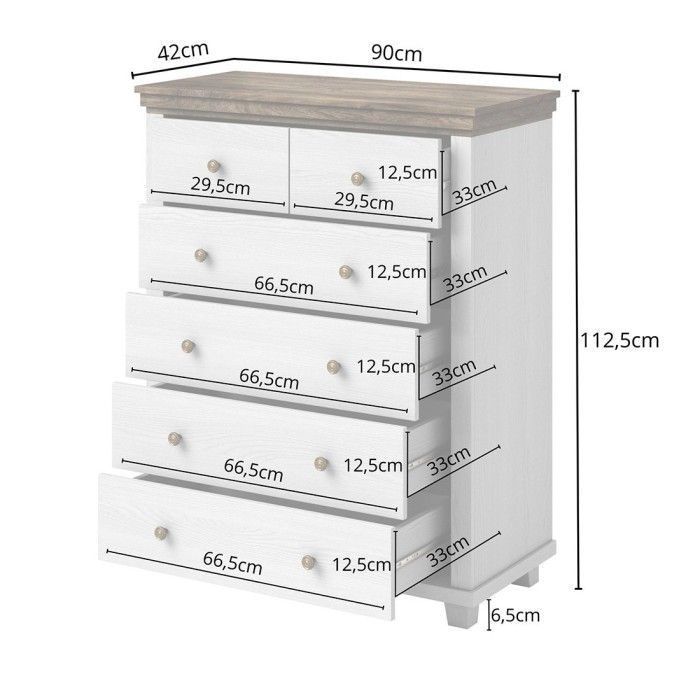 Commode XL design 6 tiroirs. Coloris blanc et chêne. Collection ASSIA