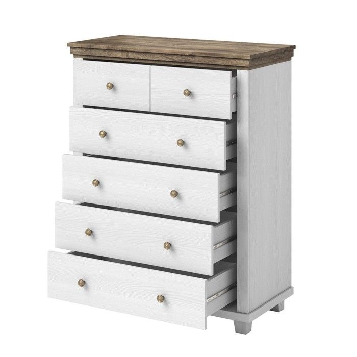 Commode XL design 6 tiroirs. Coloris blanc et chêne. Collection ASSIA