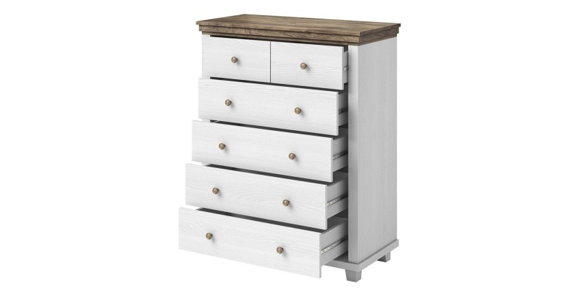 Commode XL design 6 tiroirs. Coloris blanc et chêne. Collection ASSIA