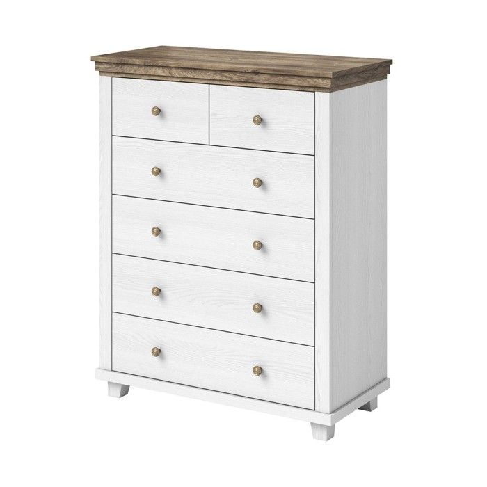 Commode XL design 6 tiroirs. Coloris blanc et chêne. Collection ASSIA