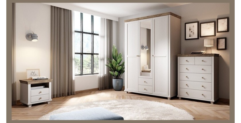 Commode XL design 6 tiroirs. Coloris blanc et chêne. Collection ASSIA
