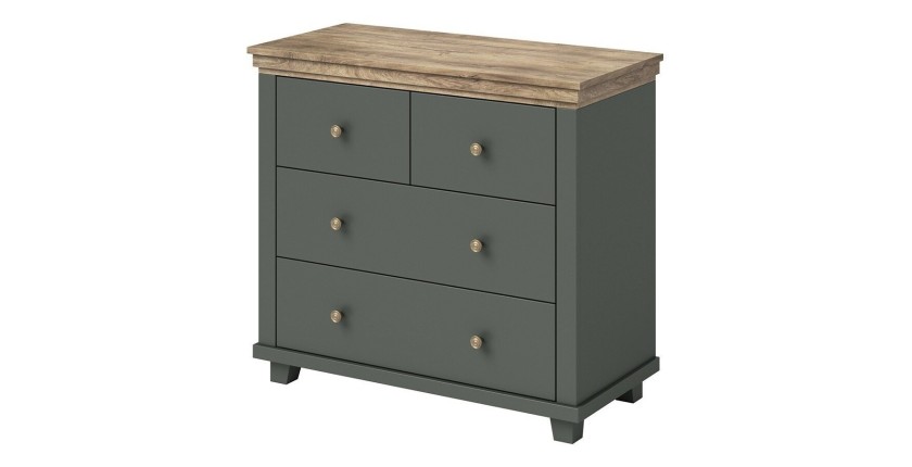 Commode design 4 tiroirs. Coloris vert kaki et chêne. Collection ASSIA