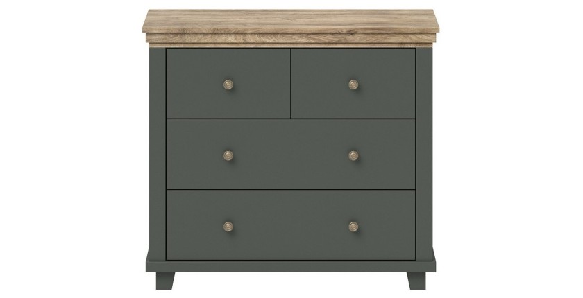 Commode design 4 tiroirs. Coloris vert kaki et chêne. Collection ASSIA