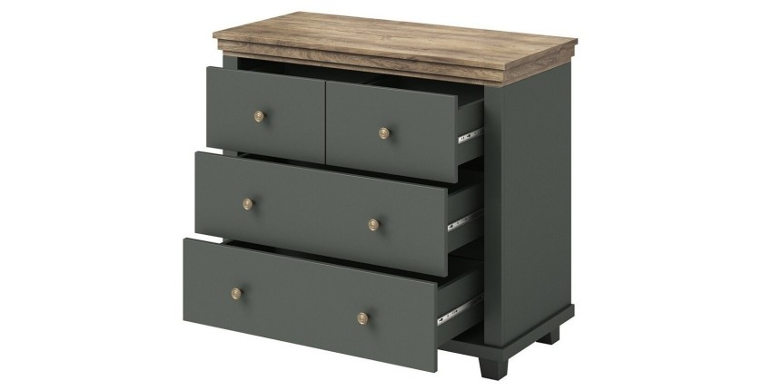 Commode design 4 tiroirs. Coloris vert kaki et chêne. Collection ASSIA