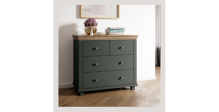 Commode design 4 tiroirs. Coloris vert kaki et chêne. Collection ASSIA