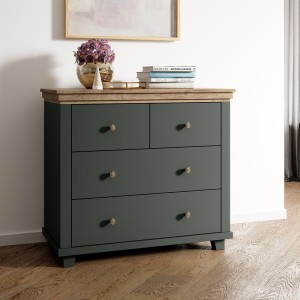 Commode design 4 tiroirs. Coloris vert kaki et chêne. Collection ASSIA