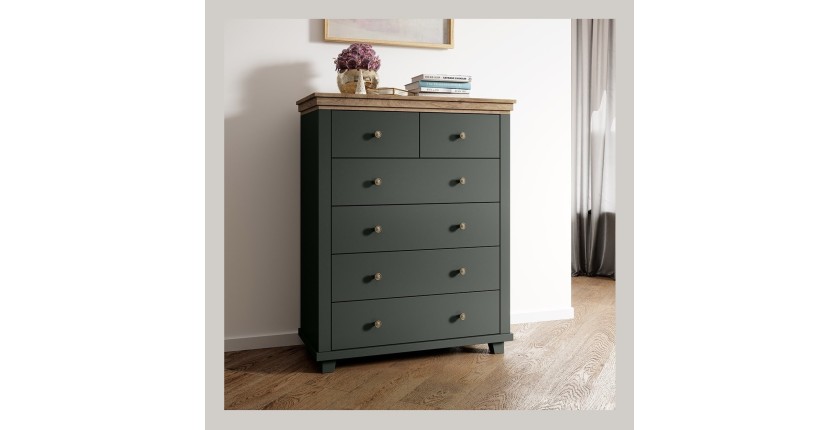 Commode XL design 6 tiroirs. Coloris vert kaki et chêne. Collection ASSIA