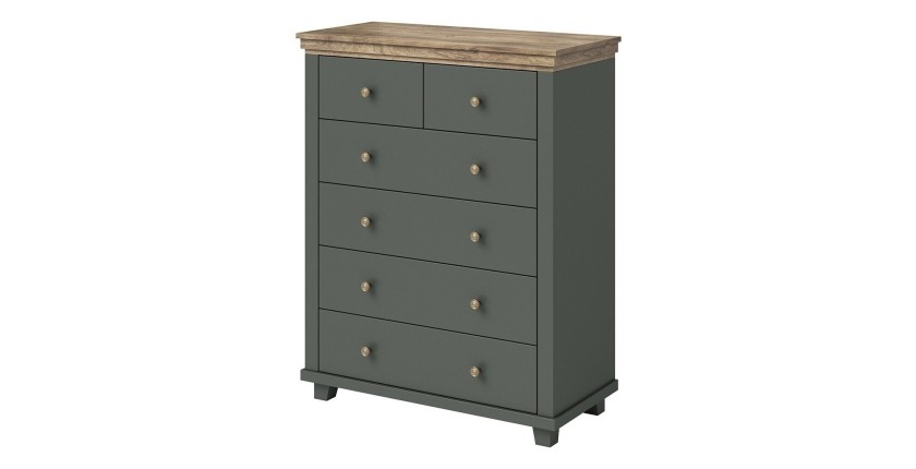 Commode XL design 6 tiroirs. Coloris vert kaki et chêne. Collection ASSIA