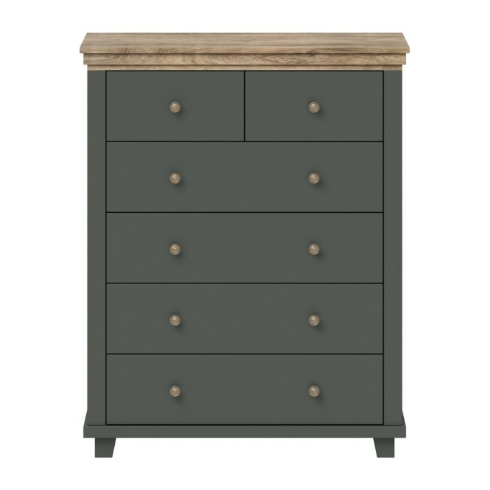 Commode XL design 6 tiroirs. Coloris vert kaki et chêne. Collection ASSIA