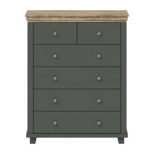 Commode XL design 6 tiroirs. Coloris vert kaki et chêne. Collection ASSIA