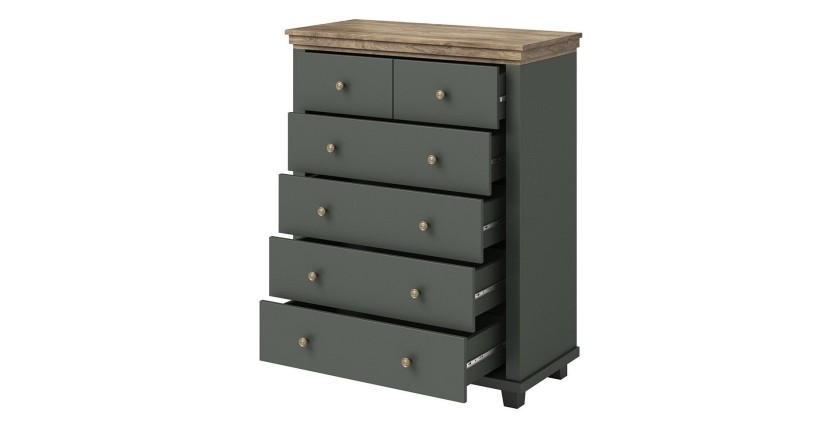 Commode XL design 6 tiroirs. Coloris vert kaki et chêne. Collection ASSIA