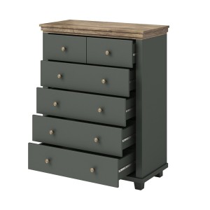 Commode XL design 6 tiroirs. Coloris vert kaki et chêne. Collection ASSIA