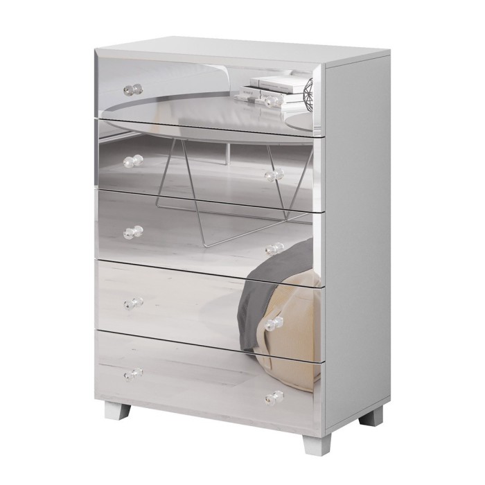 Commode 5 tiroirs avec corps blanc et façades recouvertes de miroirs collection LUXOR.