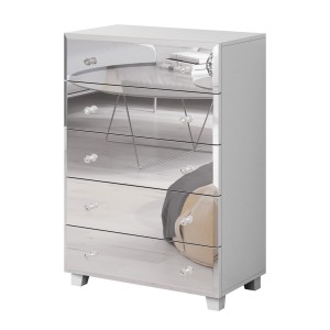 Commode 5 tiroirs avec corps blanc et façades recouvertes de miroirs collection LUXOR.