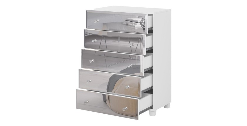 Commode 5 tiroirs avec corps blanc et façades recouvertes de miroirs collection LUXOR.