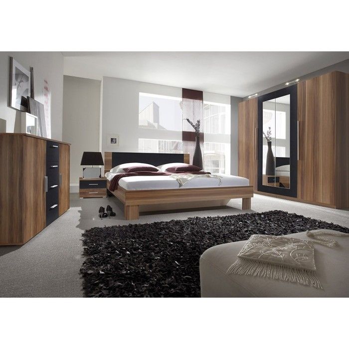 Lit adulte 160x200 collection IRINA. Chevets intégrés. Coloris Red Wallnut et noir