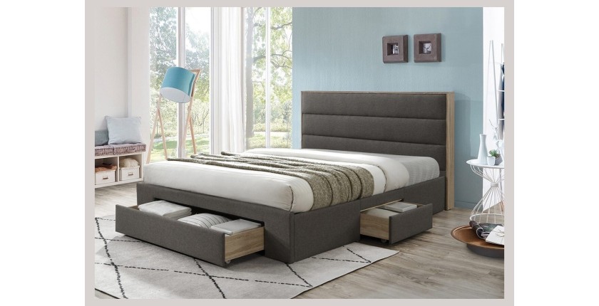 Lit avec tiroirs collection OTTAWA - Couleur grise et chêne - 140x200cm - Sommier inclus