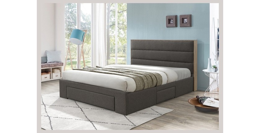 Lit avec tiroirs collection OTTAWA - Couleur grise et chêne - 140x200cm - Sommier inclus
