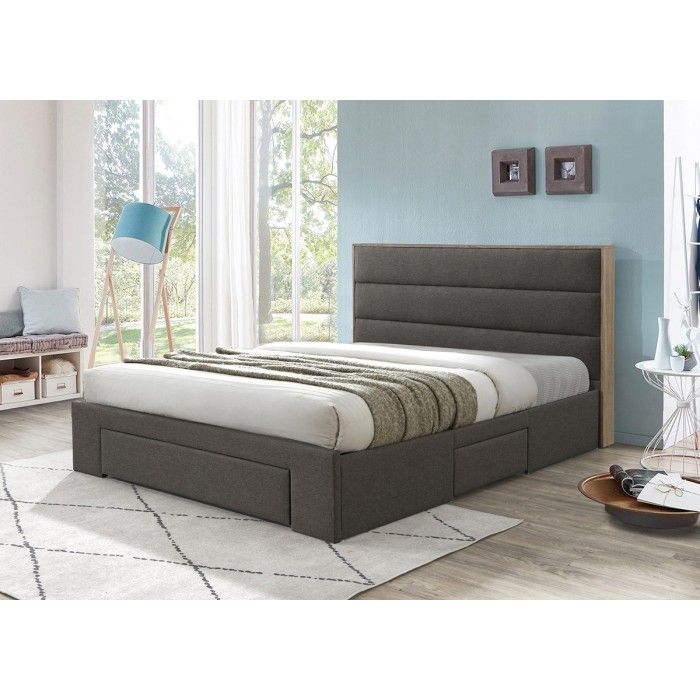 Lit avec tiroirs collection OTTAWA - Couleur grise et chêne - 180x200cm - Sommier inclus