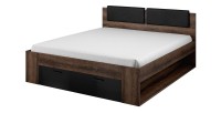 Lit adulte 140x200 avec tiroirs intégrés - Collection FLOYD. Coloris chêne foncé et noir